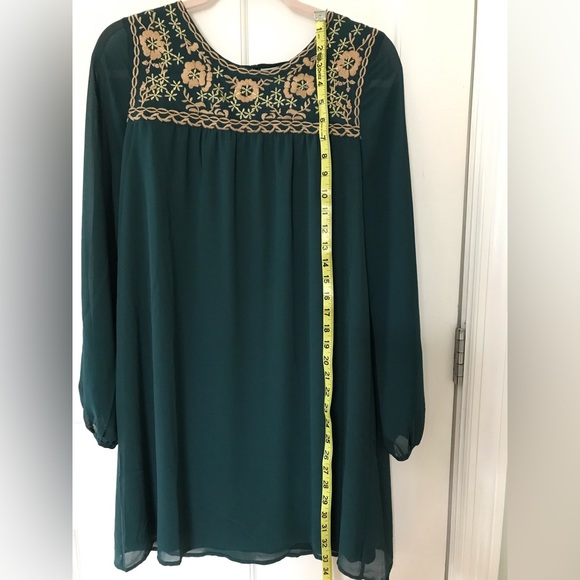 Peach Love Forest Green Chiffon Minidress w/ Beautiful Gold Embroidery Size Sm - Picture 3 of 11